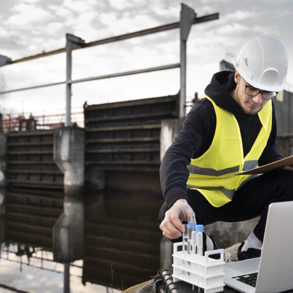 full-shot-engineer-with-laptop-outdoors